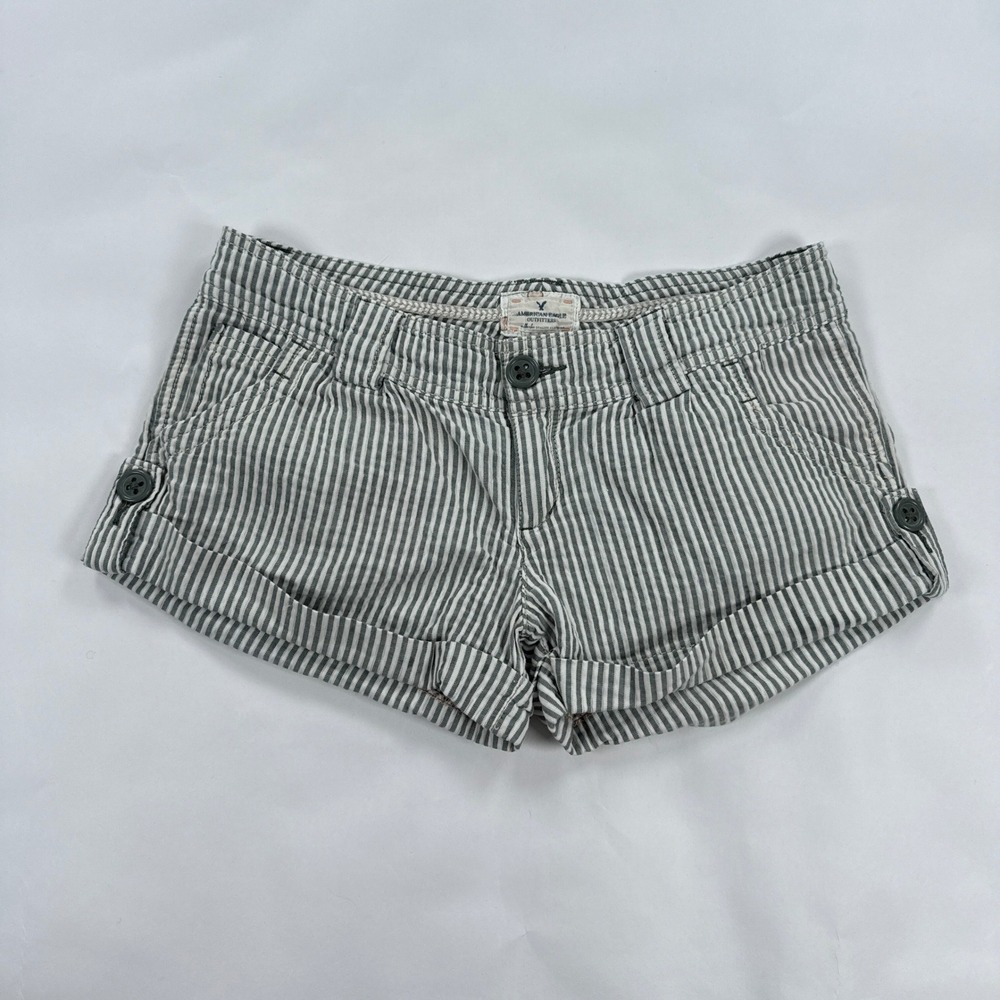 American Eagle Womens Shorts 2 Gray White Hickory Stripe Cuffed Nautical Summer